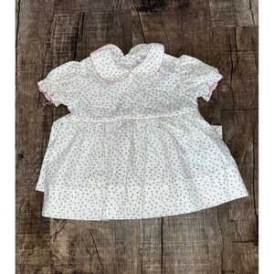 Vintage Baby Girls White Green Bow Print Peter Pan Collar Dress Pink Trim